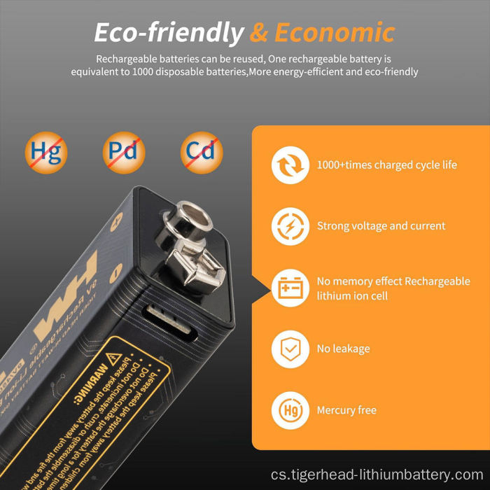 2PCS 9V 4500mWh USB-C dobíjecí lithiová baterie